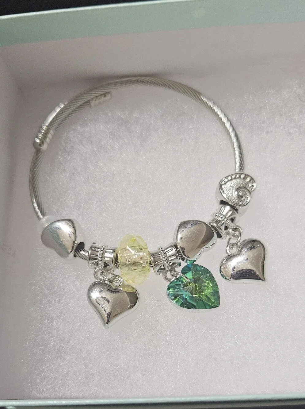 Silver Heart Charm Bangle with Green and Yellow Crystal Accents